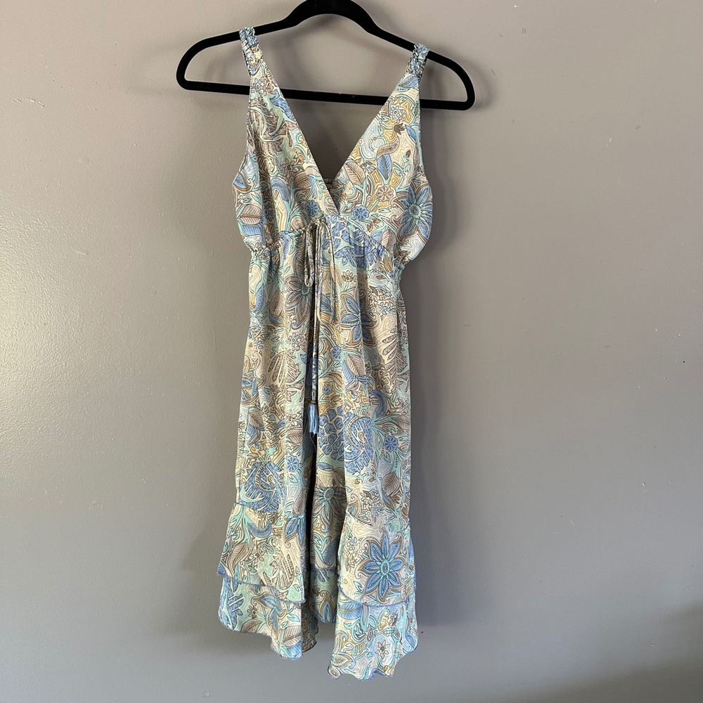 Mamey Boutique Tropical Vacation Mini Dress‎ | Light Blue + Neutral Tan